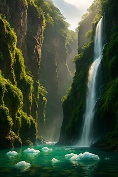 Canyon Cliffs with Hanging Gardens and Waterfalls
