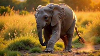 Adorable baby elephant exploring lush savanna at golden hour, vibrant colors, smooth cinematic motion with gentle camera pan