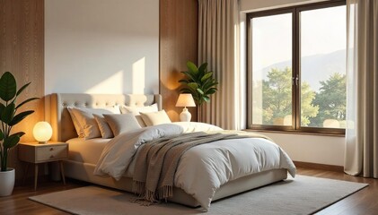 Serene bedroom interior featuring soft lighting, plush bedding, and calming decor Perfect for relaxation and peaceful sleep Neutral tones create a tranquil atmosphere , mood, fluffy