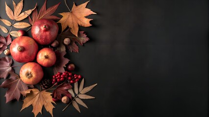 Autumn pomegranate still life flat lay seasonal leaves berries rustic dark background food photography