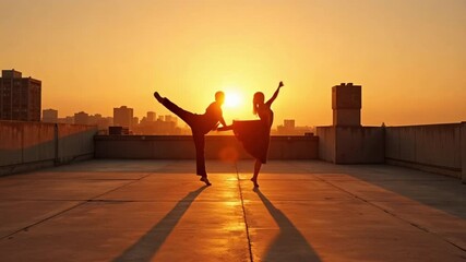 Two dancers perform synchronized contemporary routine on urban rooftop at dawn, bathed in golden hour glow, captured with a fluid sweeping crane shot. - Powered by Adobe