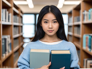Asian female student with books in library