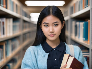 Asian female student with books in library