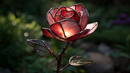 Glowing stained glass rose with green leaves illuminated against a soft garden background