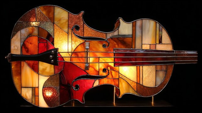 Colorful stained glass violin artwork illuminated with rich amber, red, and cream tones outlined by dark leading