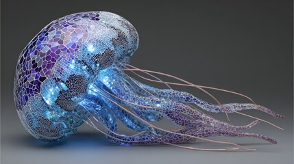 Ethereal translucent jellyfish with glowing blue and purple tentacles in intricate artistic detail