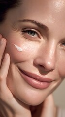 Smiling woman applying cream, youthful woman enjoying skincare routine with glowing skin, natural light ambiance, wellness theme.