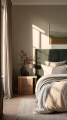 Cozy bedroom with soft natural light, neutral tones on bedding and decor, perfect for relaxation and comfort.