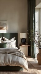 Cozy bedroom with soft bedding, neutral color palette, stylish decor, perfect for relaxation and comfort.