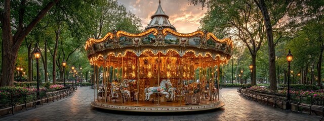 A beautifully designed carousel merry-go-round stands illuminated at sunset, surrounded by lush trees and colorful flower beds. The joyous atmosphere invites visitors to enjoy a whimsical ride