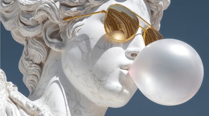 Classical marble statue wearing aviator sunglasses blowing a bubblegum bubble against clear blue sky