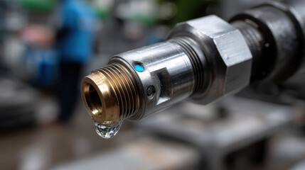 An industrial valve is poised against a blurred backdrop, with a single water droplet highlighting precision engineering and the importance of maintenance in mechanical systems.