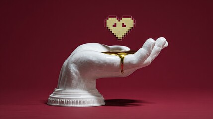 Surreal white hand holds dripping gold liquid beneath a pixelated heart with missing icons on deep red background