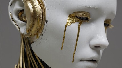 Close-up of a smooth white robotic face with gold mechanical ear and gold tears dripping from the eyes blending human and machine elements