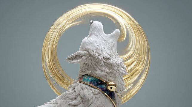 Detailed white dog sculpture wearing colorful collar with bell viewed from behind against glowing golden swirling halo on gray background - Powered by Adobe