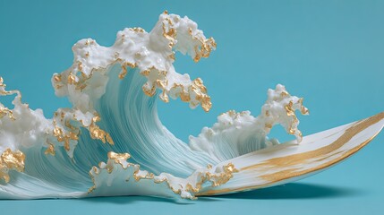 Surreal popcorn ocean wave with golden accents on soft blue background creative food art concept