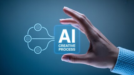 Hand holding AI creative process icon with brain connections artificial intelligence