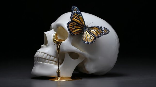 Surreal white skull with golden liquid dripping from eye and vibrant orange butterfly perched against dark background