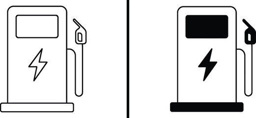 Electric Vehicle Charging Station Icon Set: Minimalist line art and filled icons of an electric vehicle charging station, signaling a shift towards sustainable transport.