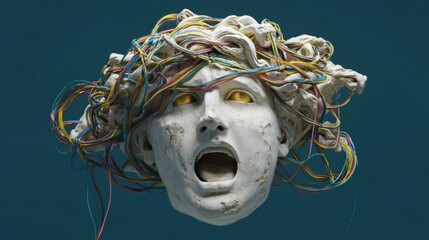 Surreal white marble face sculpture with open mouth and vibrant colorful wires replacing hair against teal background