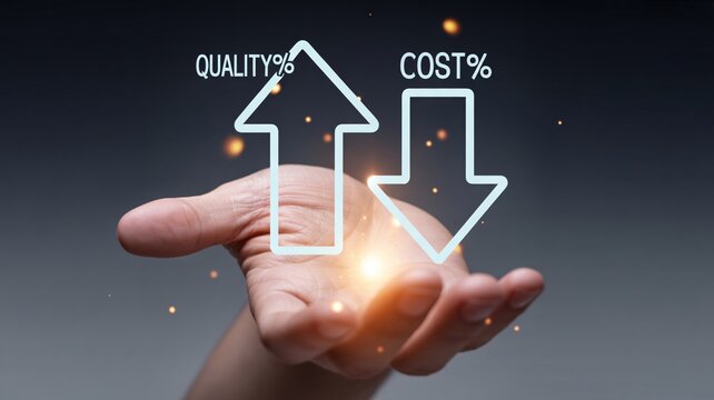 Hand holding up arrows showing quality increase and cost decrease business finance