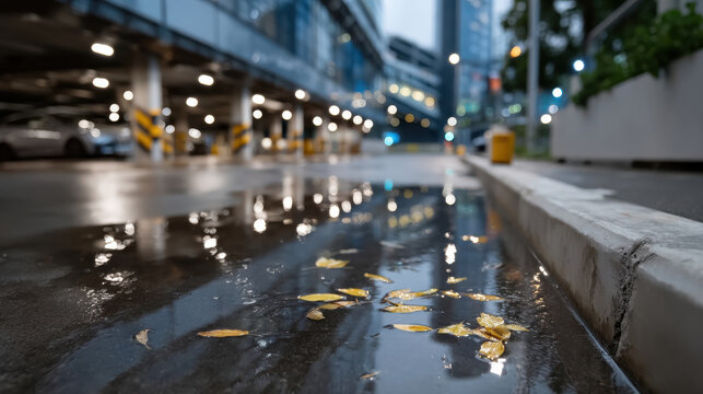 A reflective puddle in an urban parking garage captures the essence of serenity and beauty in a modern environment, evoking feelings of tranquility amidst busy urban life. - Powered by Adobe