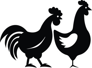 Flat Isometric Vector of Chicken and Rooster Silhouettes – Farmyard Wildlife Minimalist Black and White Illustration