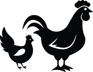 Flat Isometric Vector of Chicken and Rooster Silhouettes – Farmyard Wildlife Minimalist Black and White Illustration