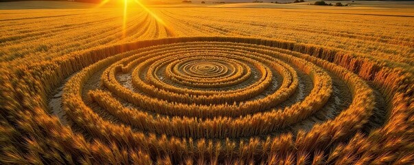 Mysterious crop circle in a field of golden wheat at sunrise, intricate design visible from above Perfect for mystery, alien, UFO, or nature themes , landscape, agriculture, countryside