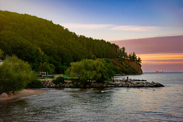 Orlowo cliff and sandy beach on the coast of the Baltic Sea in Gdynia