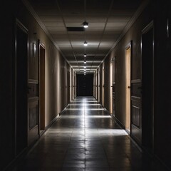 Long corridor with dark rooms