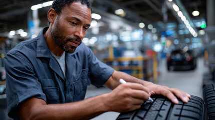 Obraz premium A dedicated man is diligently writing on a tire in a mechanical maintenance area, demonstrating professionalism and attention to detail in an industrial workshop filled with equipment.