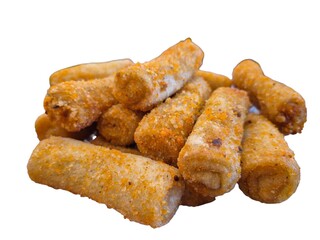 Pile of Golden-Brown Fried Snacks on a White Background