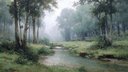 Obraz premium A tranquil woodland stream meanders through a misty, green landscape, painted in soft hues.