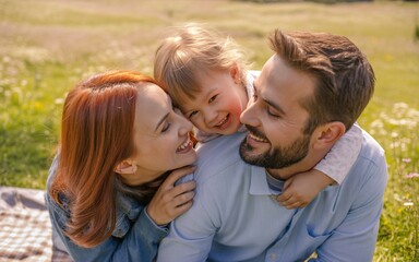 Fototapeta premium Happy family enjoying a picnic in a sunny meadow outdoors nature