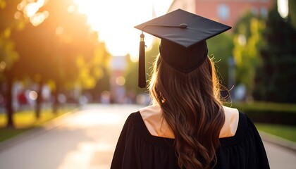 Graduate in Cap and Gown Stands in Sunlit Pathway, Celebrating Achievement with Trees in Background