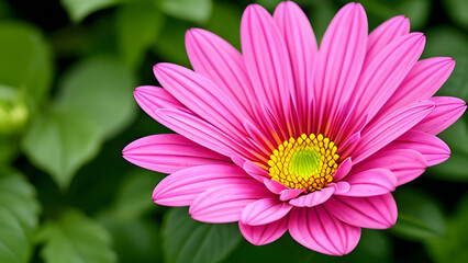 A vibrant pink daisy flower with a yellow and green center in full bloom against a lush, blurred leafy background.
