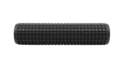 Black textured foam roller on white backdrop for muscle recovery and relaxation equipment