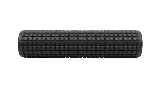 Black textured foam roller on white backdrop for muscle recovery and relaxation equipment