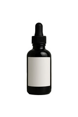 Black dropper bottle with blank label on white background