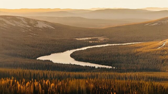 Aerial view shows wide river flowing through lush forest landscape in daylight

