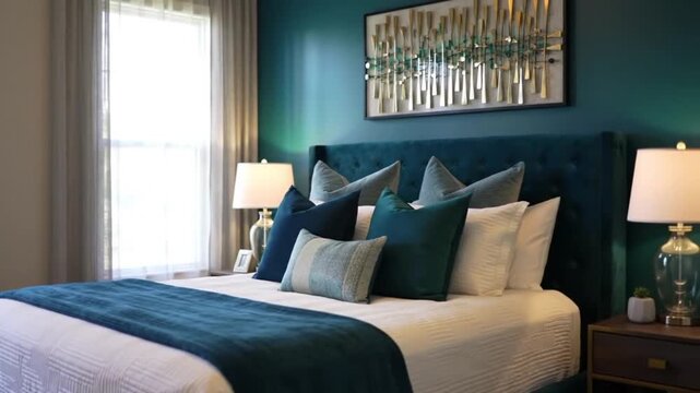 Interior of a bedroom with a blue headboard and a window with sheer curtains view
