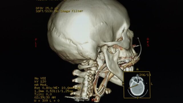 Medical themes: CT Scan of Intraparenchymal hematoma in the left basal ganglia with extension to the temporal lobe and mass effect.