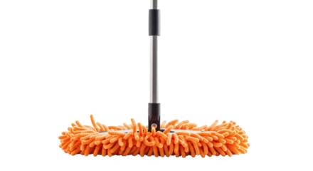 Orange Chenille Mop Head with Stainless Steel Handle Stands Vertically Isolated Against Clean White Background Ready For Cleaning