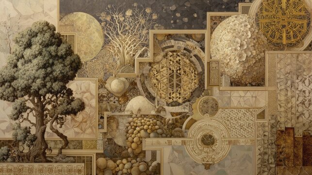 A captivating, geometrically-patterned artwork showcasing a surreal landscape composed of various textures and warm, earthy tones, including a prominent tree. - Powered by Adobe