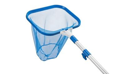Blue pool skimmer net against white background showing cleanliness and maintenance equipment for keeping pools sparkling