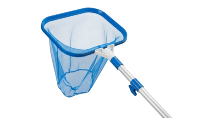 Blue pool skimmer net against white background showing cleanliness and maintenance equipment for keeping pools sparkling