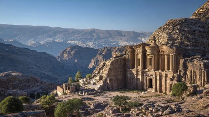 A majestic ancient monastery, carved into the sandstone cliffs of a mountainous landscape, stands proudly amidst a breathtaking natural setting.