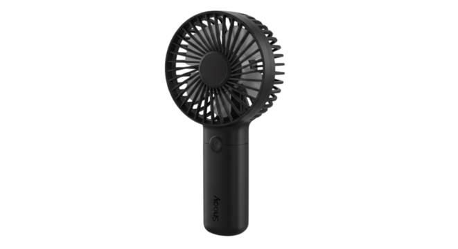Sleek black portable fan on white backdrop providing cool breeze and modern design aesthetic with minimalist style