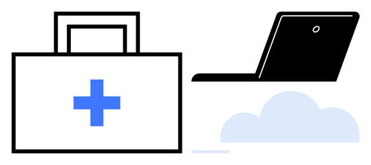 Obraz premium Medical kit with blue cross next to laptop above cloud. Ideal for telemedicine, online healthcare, medical services, technology integration, remote consultation, cloud solutions, simple flat metaphor